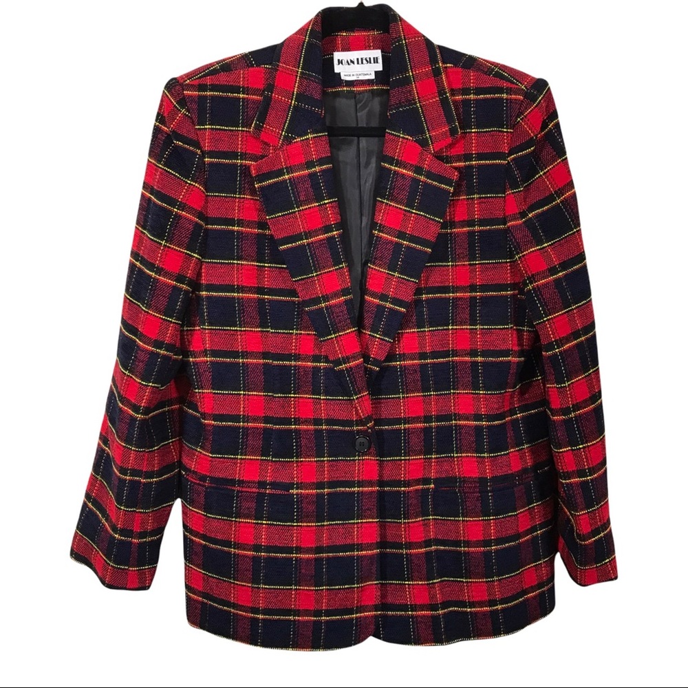 Vintage 80s 90s Red Black Yellow Plaid Oversized Boxy Classic Blazer Jacket